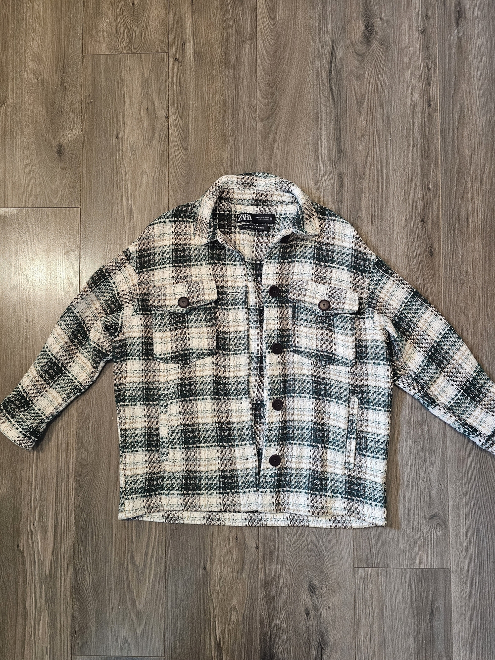 Zara Green and Cream Plaid Lightweight Shacket